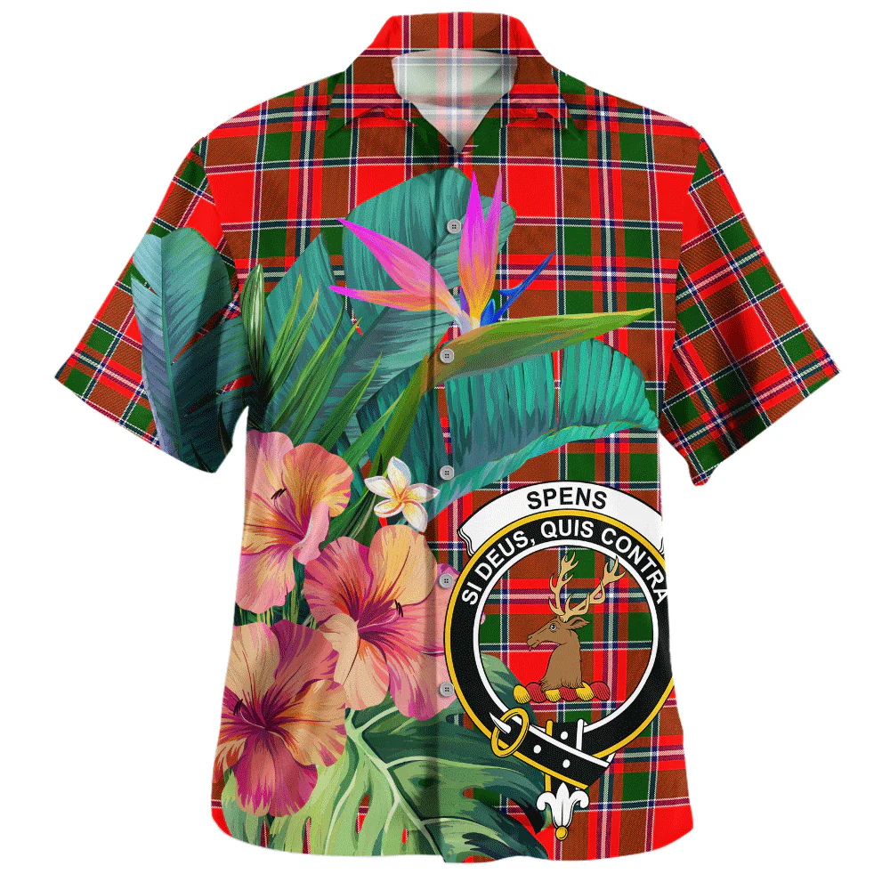 Scottish Spens Modern Clan Badge Tartan Hawaiian Shirt Bouquet Tropical Style