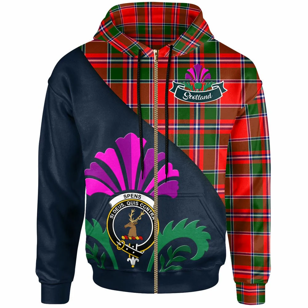 Scottish Spens (or Spence) Clan Badge Tartan Hoodie - Scotland Thistle Style - Image 3