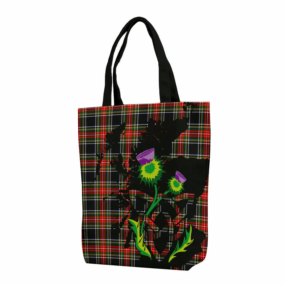 Scottish Stewart Black Tartan Canvas Bag With Shoulder Strap With Thistle
