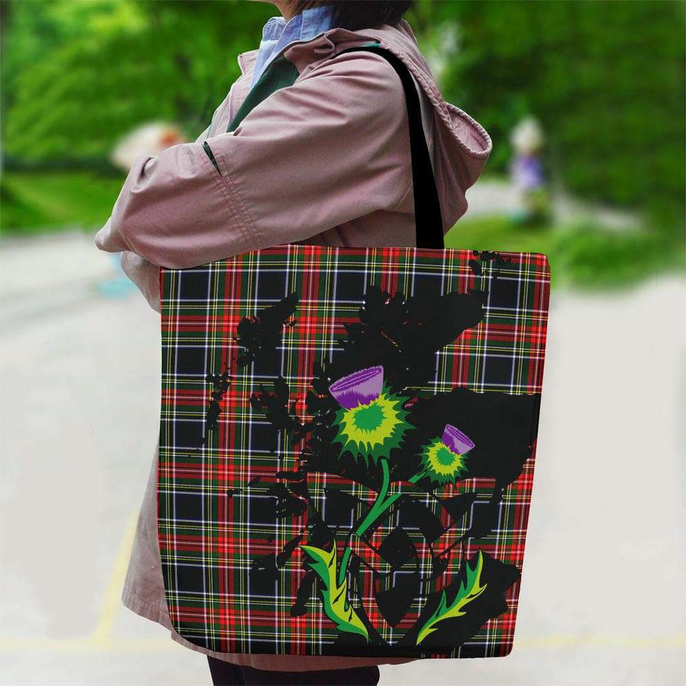 Scottish Stewart Black Tartan Canvas Bag With Shoulder Strap With Thistle - Image 2