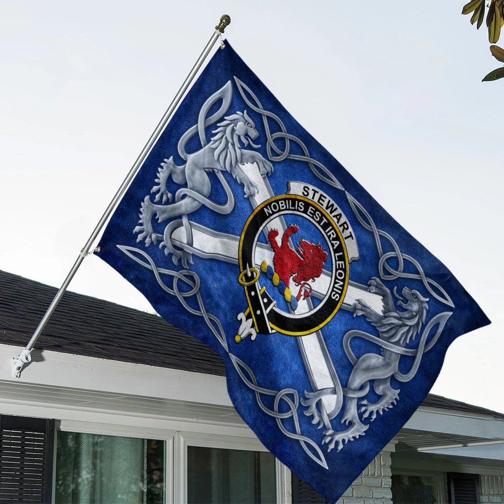 Scottish Stewart Clan Badge Flag Parade Silver Rampant Lion Emblem