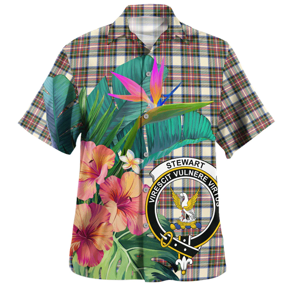 Scottish Stewart Dress Ancient Clan Badge Tartan Hawaiian Shirt Bouquet Tropical Style