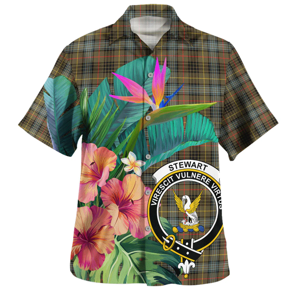 Scottish Stewart Hunting Weathered Clan Badge Tartan Hawaiian Shirt Bouquet Tropical Style