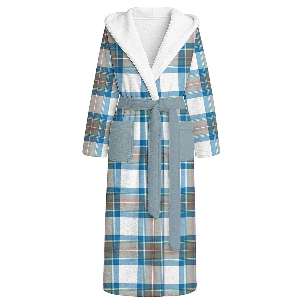 Scottish Stewart Muted Blue Clan Badge Tartan Flannel Hooded Bathrobe