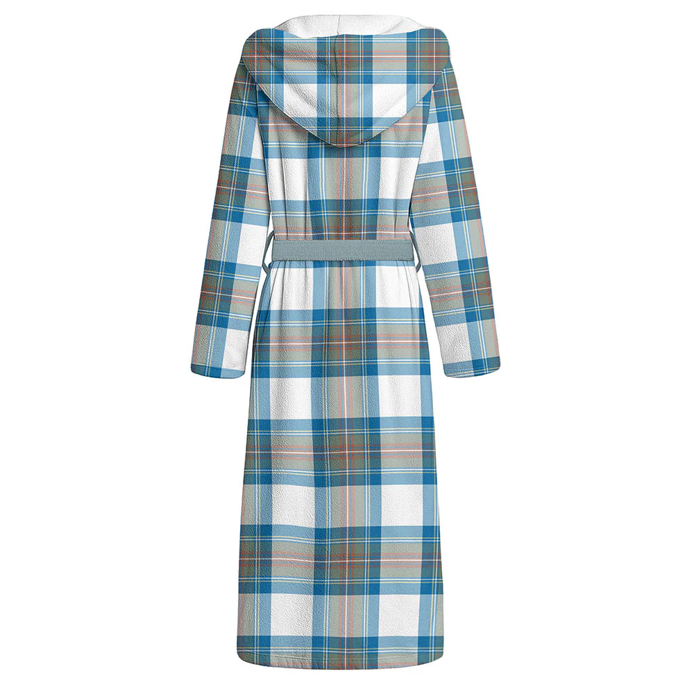 Scottish Stewart Muted Blue Clan Badge Tartan Flannel Hooded Bathrobe - Image 2