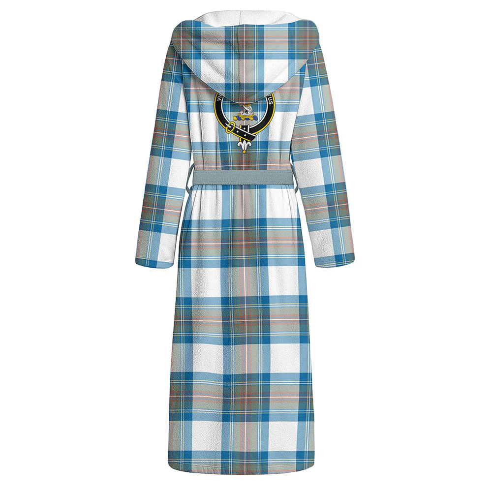 Scottish Stewart Muted Blue Clan Badge Tartan Flannel Hooded Bathrobe - Image 3