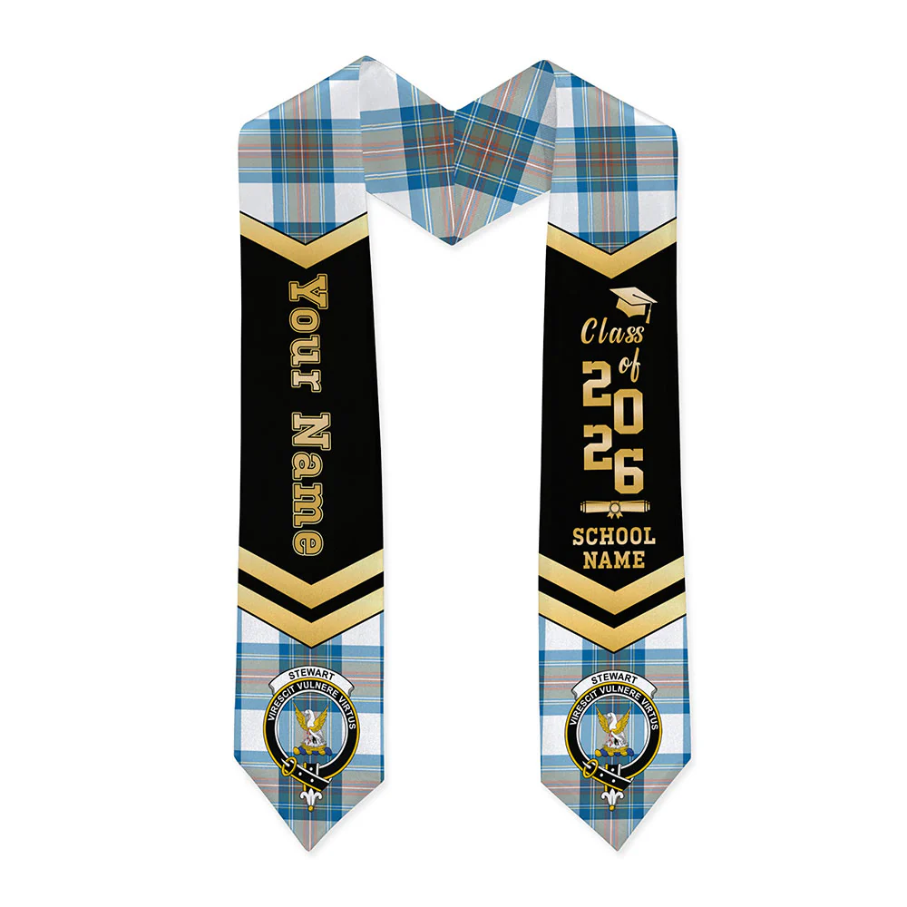 Scottish Stewart Muted Blue Clan Badge Tartan Graduation Stole Black Gold Honor