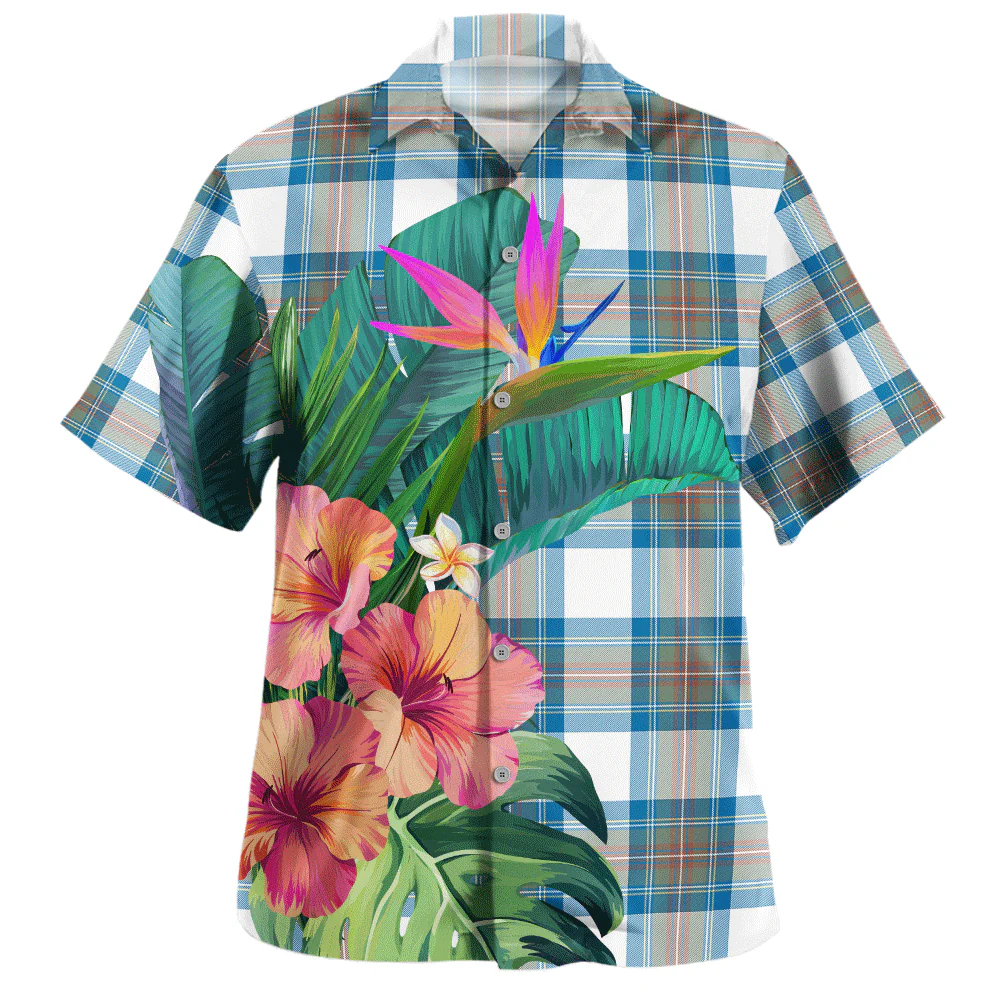 Scottish Stewart Muted Blue Clan Badge Tartan Hawaiian Shirt Bouquet Tropical Style - Image 2