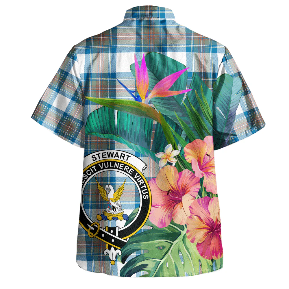 Scottish Stewart Muted Blue Clan Badge Tartan Hawaiian Shirt Bouquet Tropical Style - Image 3