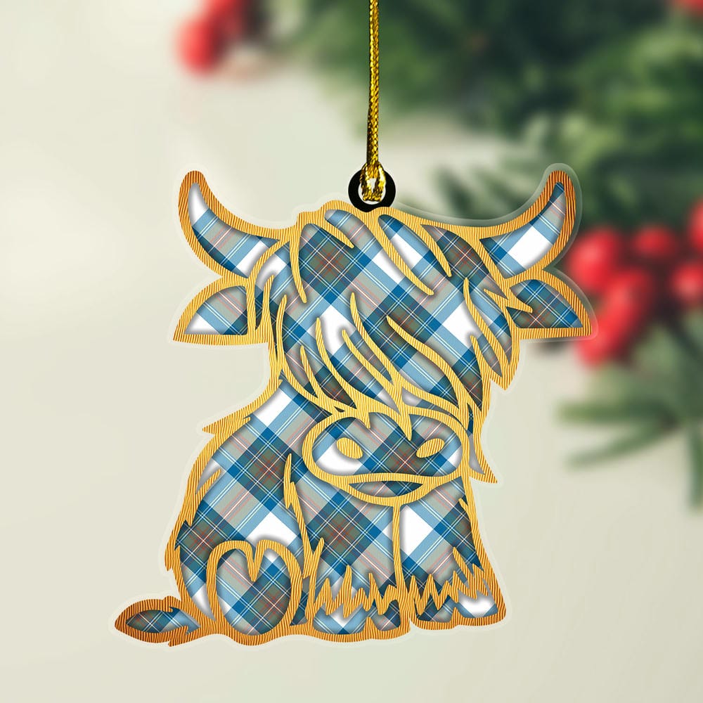 Scottish Stewart Muted Blue Tartan Highland Cow Ornament
