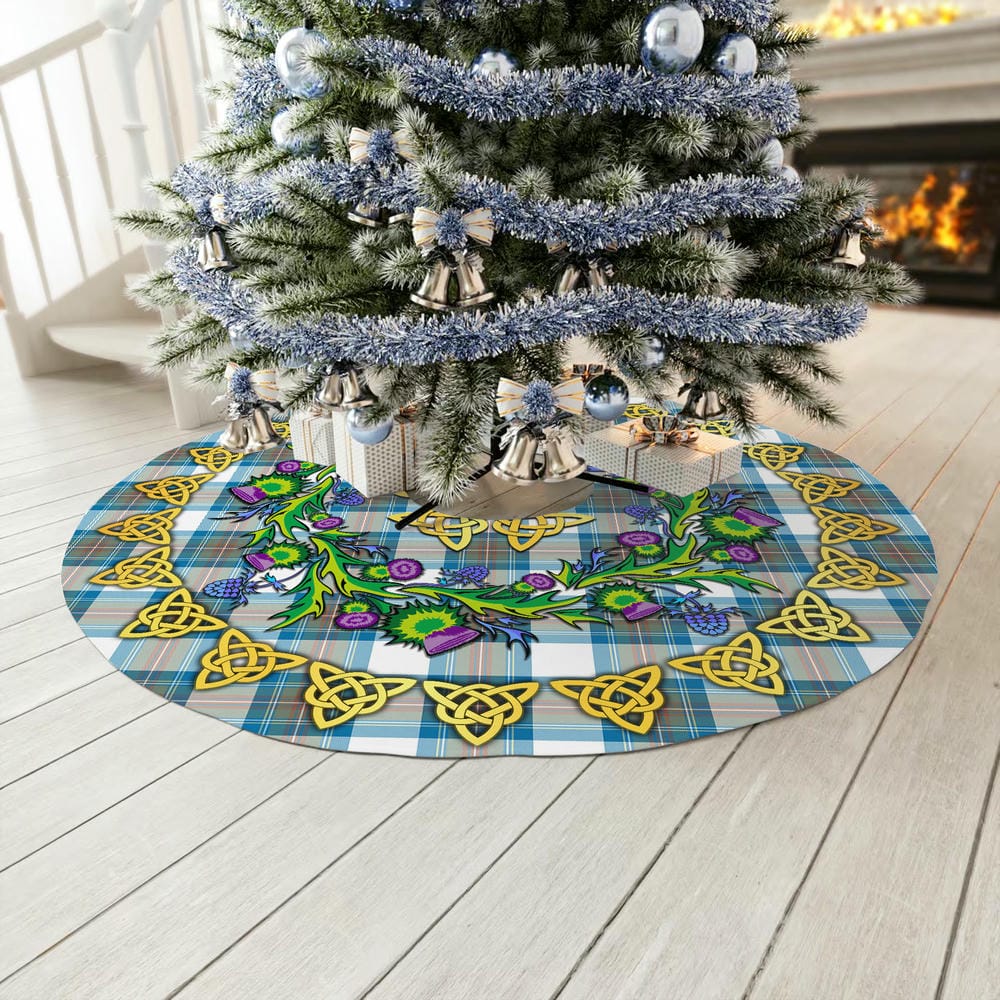 Scottish Stewart Muted Blue Tartan Thistle Celtic Knot Christmas Tree Skirt - Image 3