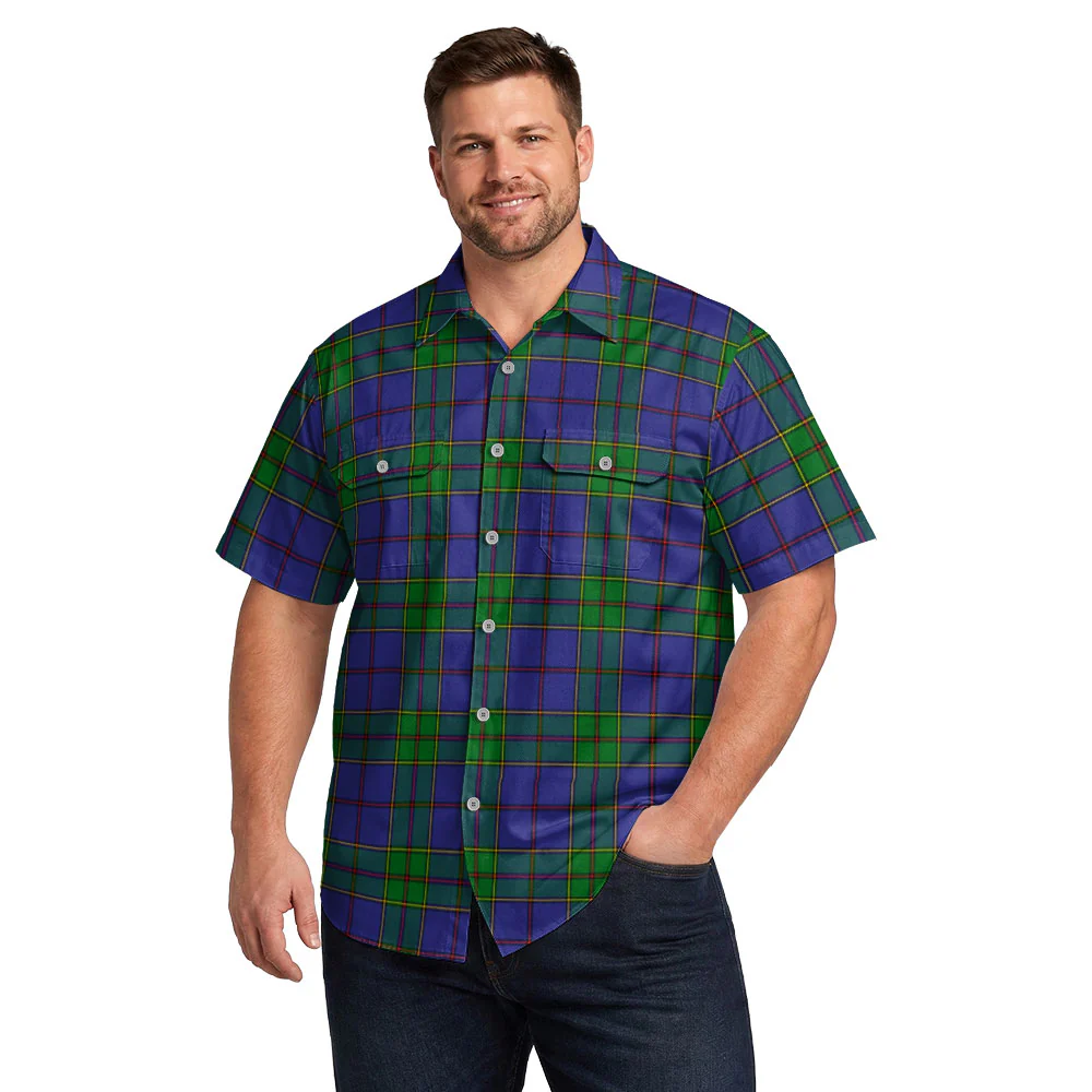 Scottish Strachan Clan Badge Tartan Short Sleeve Work Shirt - Image 4