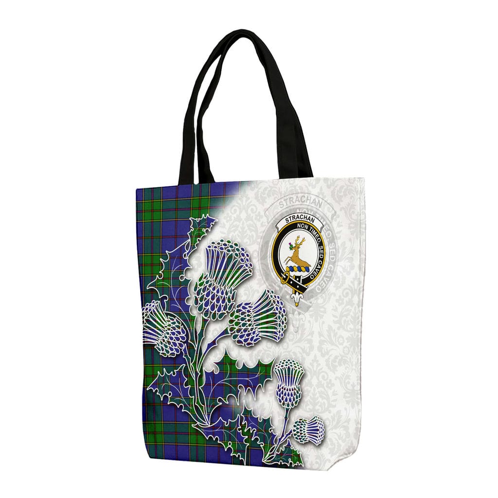 Scottish Strachan Clan Badge Tartan Canvas Bag With Shoulder Straps - Thistle Flowers Style