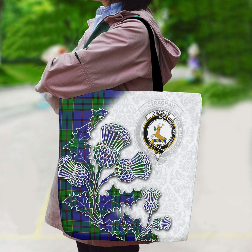 Scottish Strachan Clan Badge Tartan Canvas Bag With Shoulder Straps - Thistle Flowers Style - Image 2