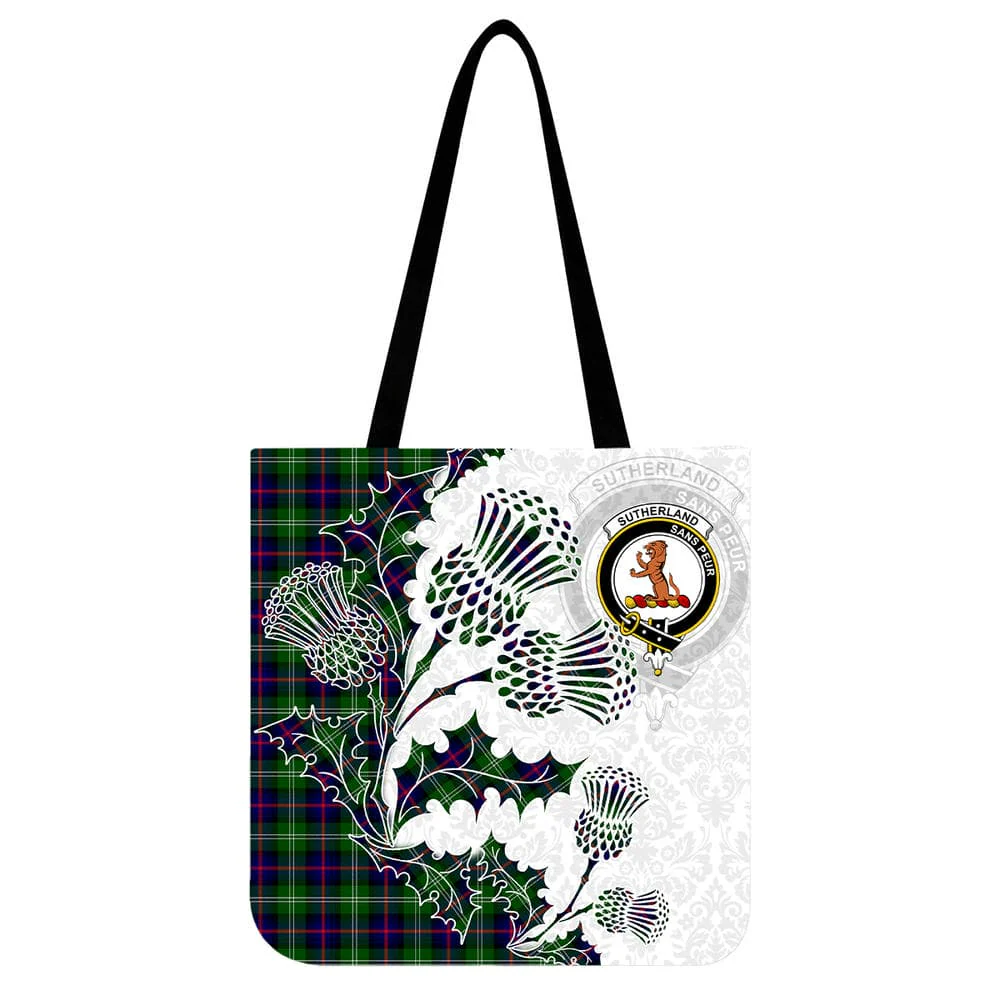 Scottish Sutherland II Clan Crest Tartan Tote Bag - Thistle Flowers Style