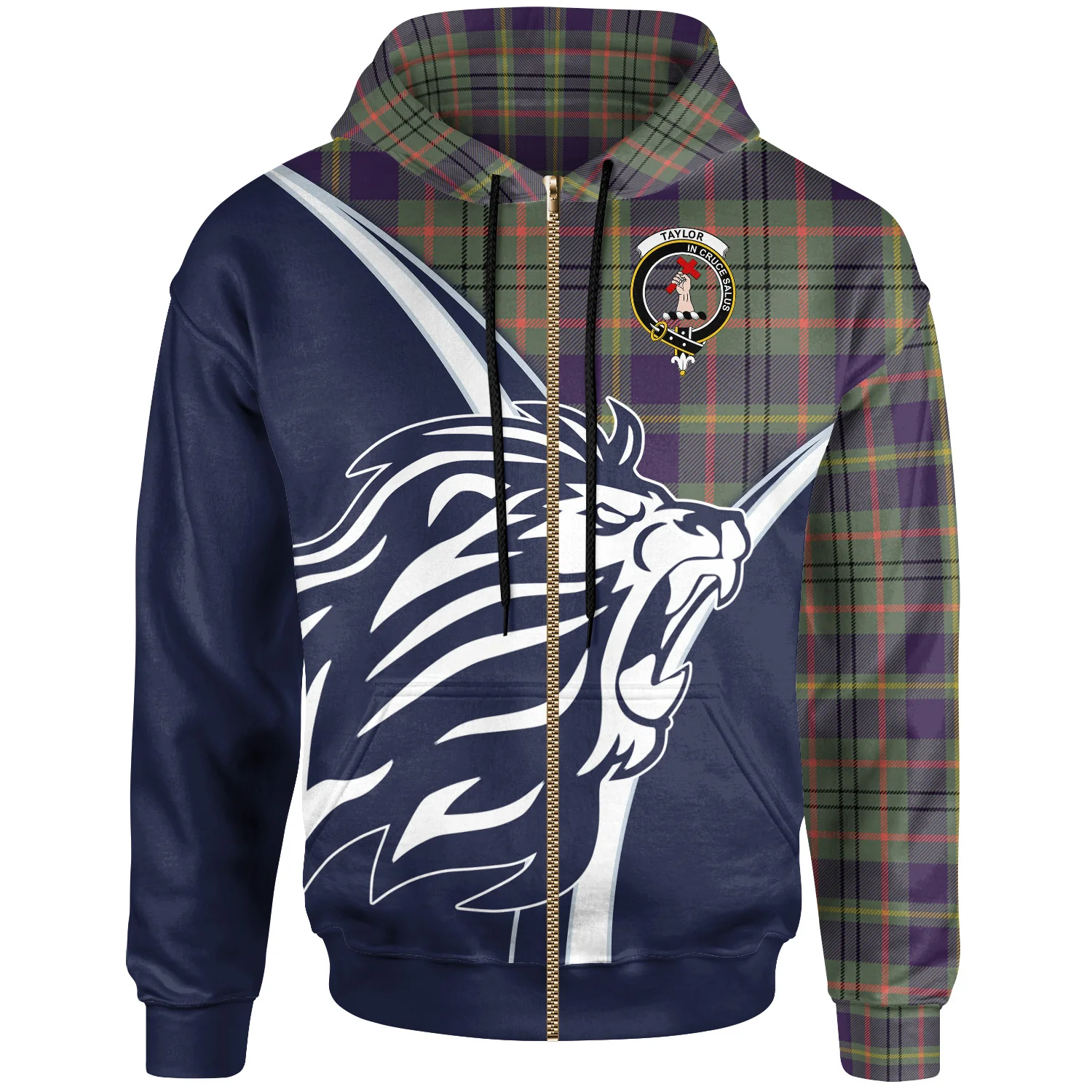 Scottish Taylor Clan Crest Tartan Hoodie - Scottish Flag With Lion - Image 2