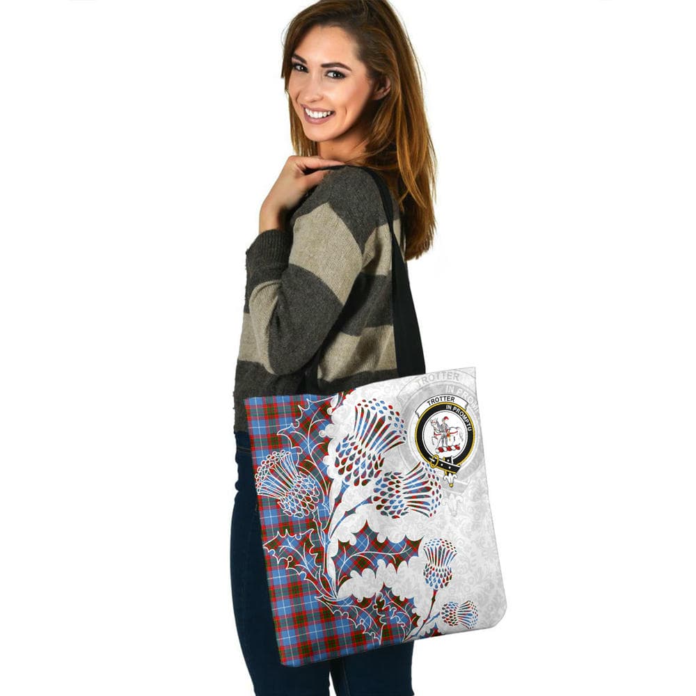 Scottish Trotter Clan Crest Tartan Tote Bag - Thistle Flowers Style - Image 3