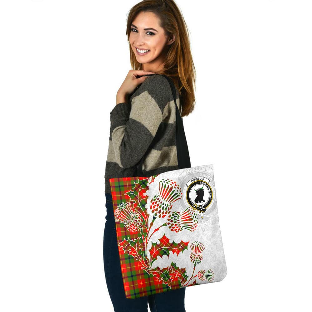 Scottish Turnbull Clan Crest Tartan Tote Bag - Thistle Flowers Style - Image 3