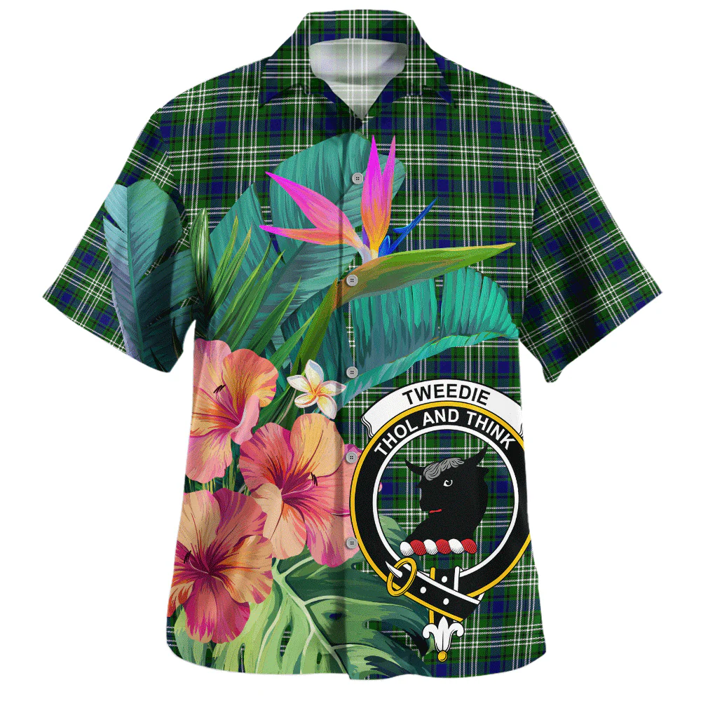 Scottish Tweedside District Clan Badge Tartan Hawaiian Shirt Bouquet Tropical Style