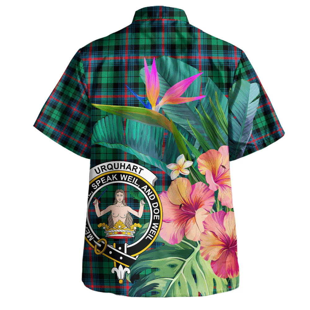 Scottish Urquhart Broad Red Ancient Clan Badge Tartan Hawaiian Shirt Bouquet Tropical Style - Image 3