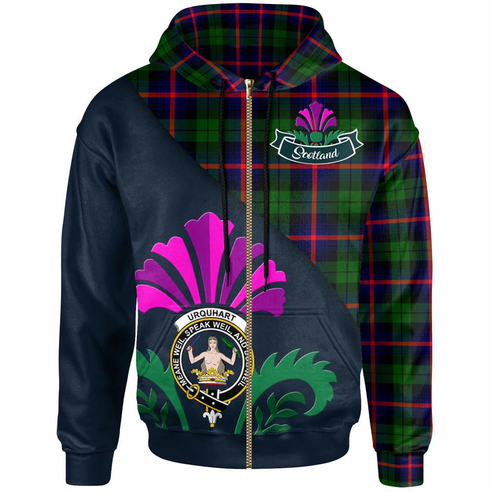 Scottish Urquhart Clan Badge Tartan Hoodie - Scotland Thistle Style - Image 3