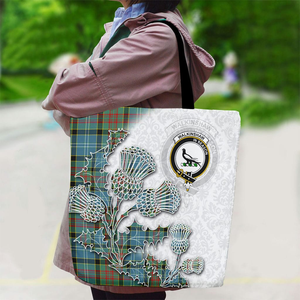 Scottish Walkinshaw Clan Badge Tartan Canvas Bag With Shoulder Straps - Thistle Flowers Style - Image 2