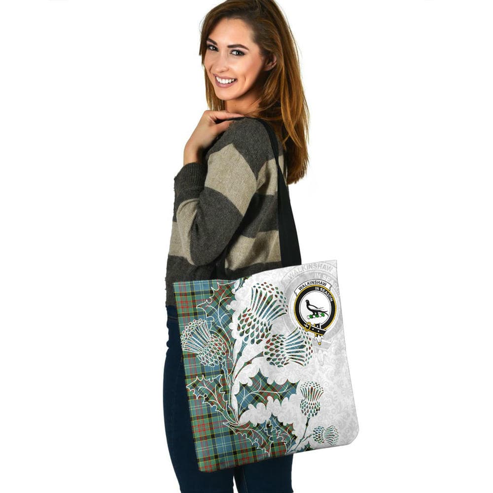 Scottish Walkinshaw Clan Crest Tartan Tote Bag - Thistle Flowers Style - Image 3