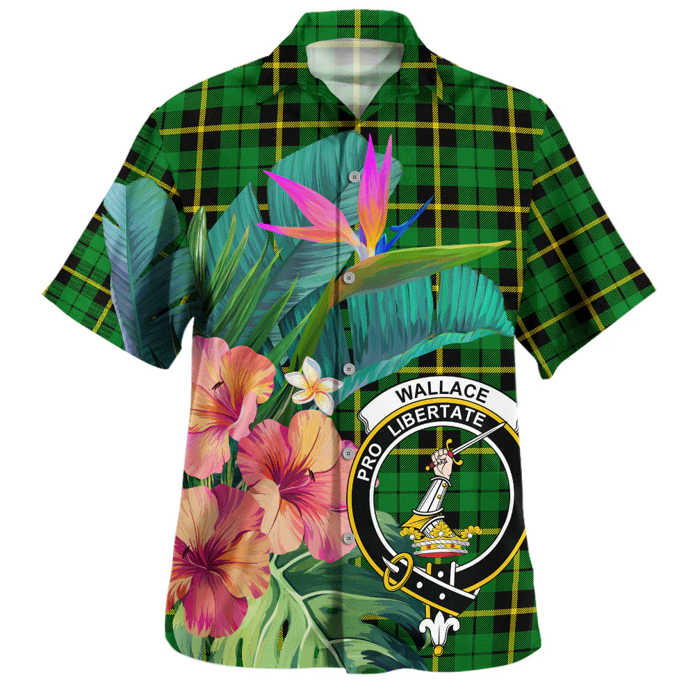Scottish Wallace Hunting - Green Clan Badge Tartan Hawaiian Shirt Bouquet Tropical Style