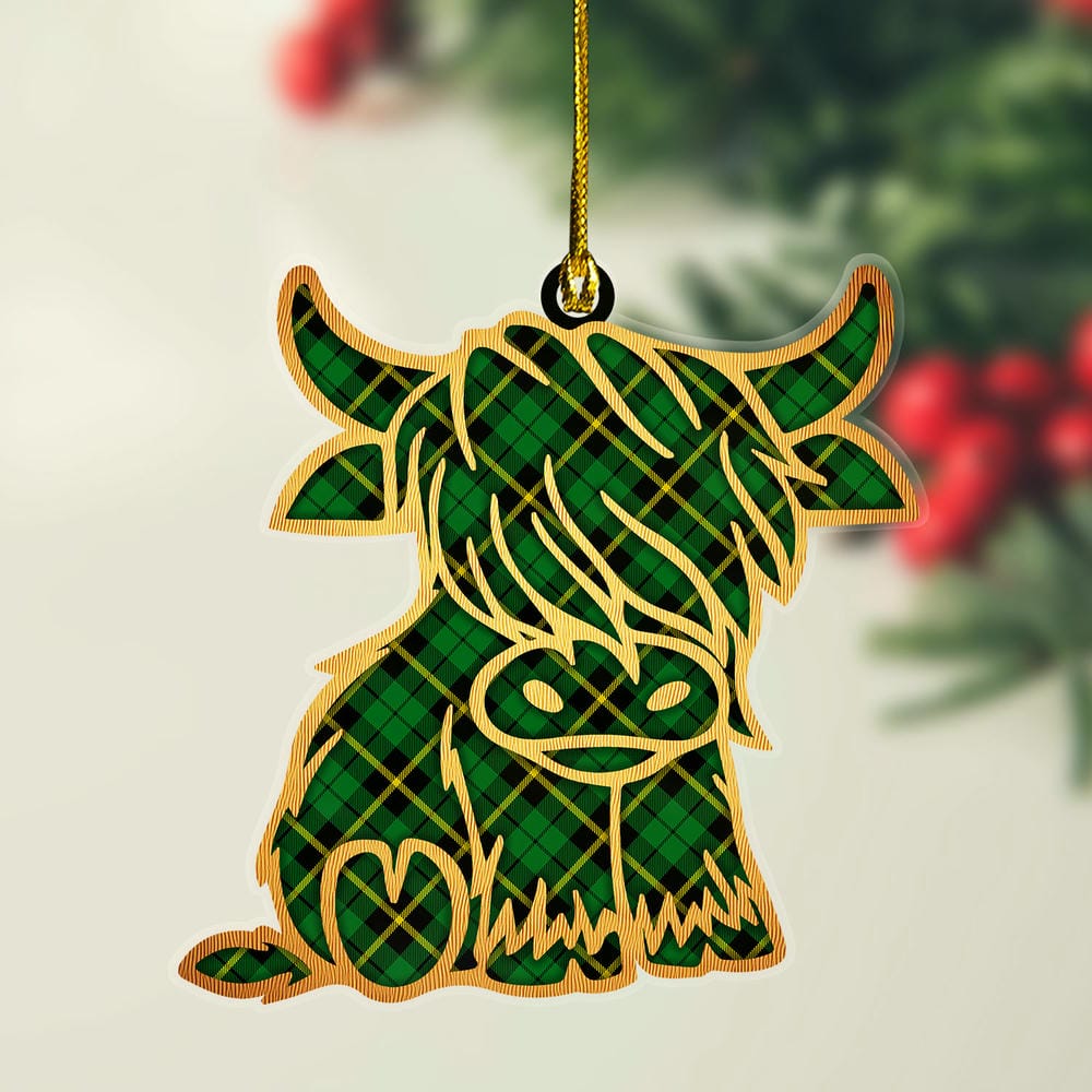 Scottish Wallace Hunting - Green Tartan Highland Cow Ornament