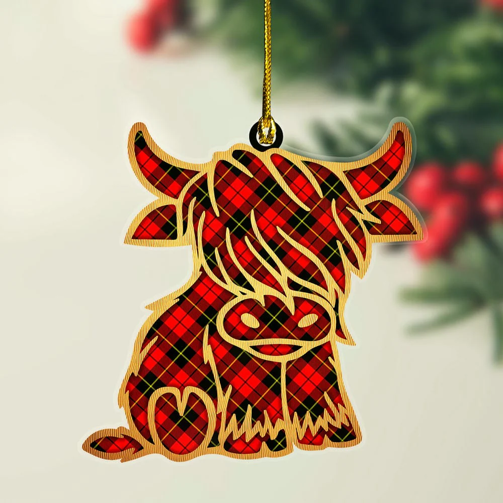 Scottish Wallace Hunting - Red Tartan Highland Cow Ornament