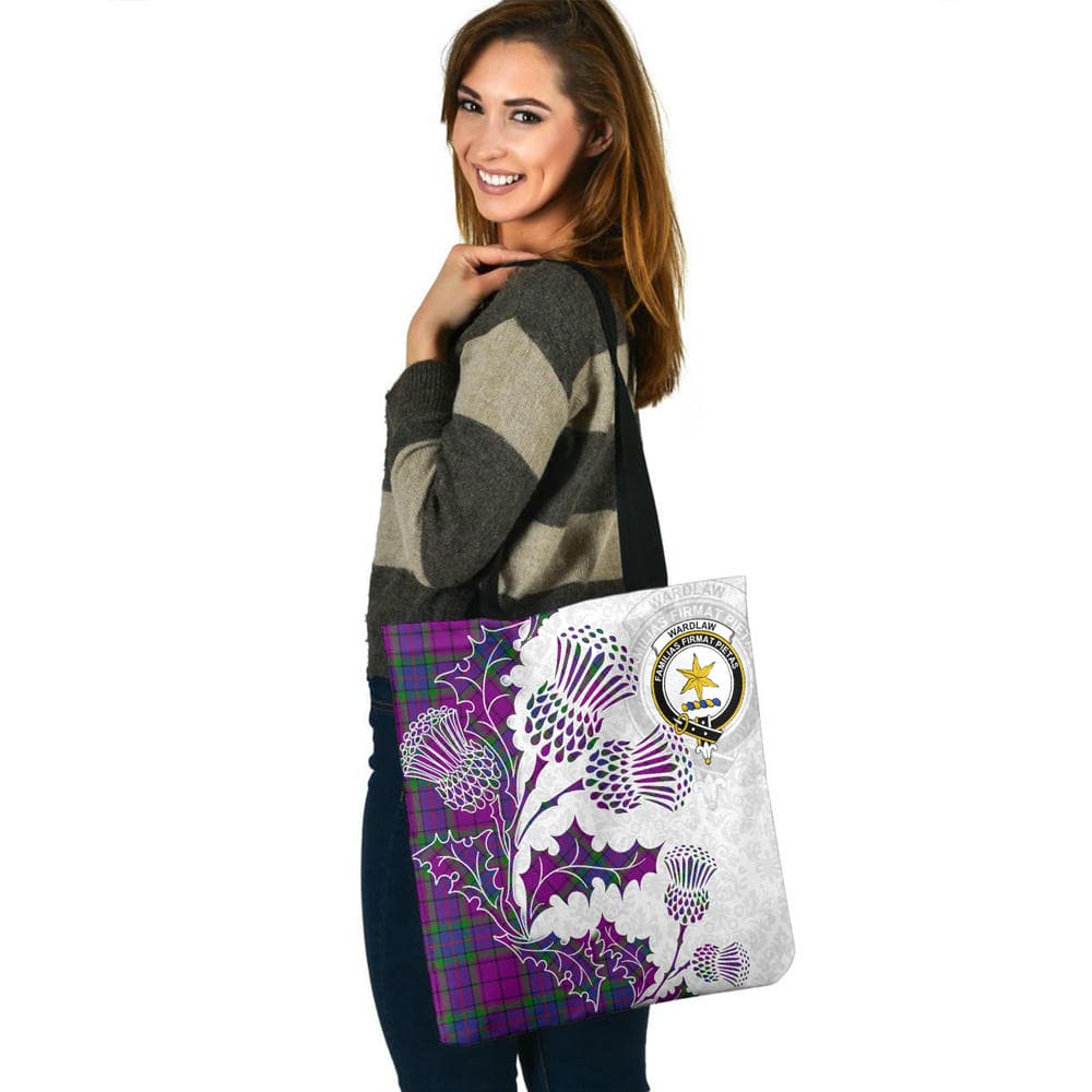 Scottish Wardlaw Clan Crest Tartan Tote Bag - Thistle Flowers Style - Image 3