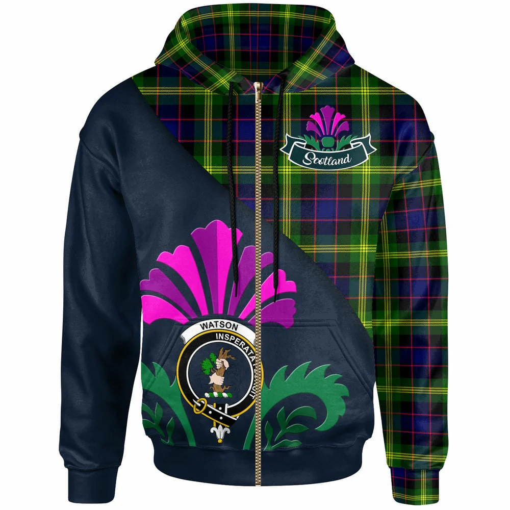 Scottish Watson Clan Badge Tartan Hoodie - Scotland Thistle Style - Image 3