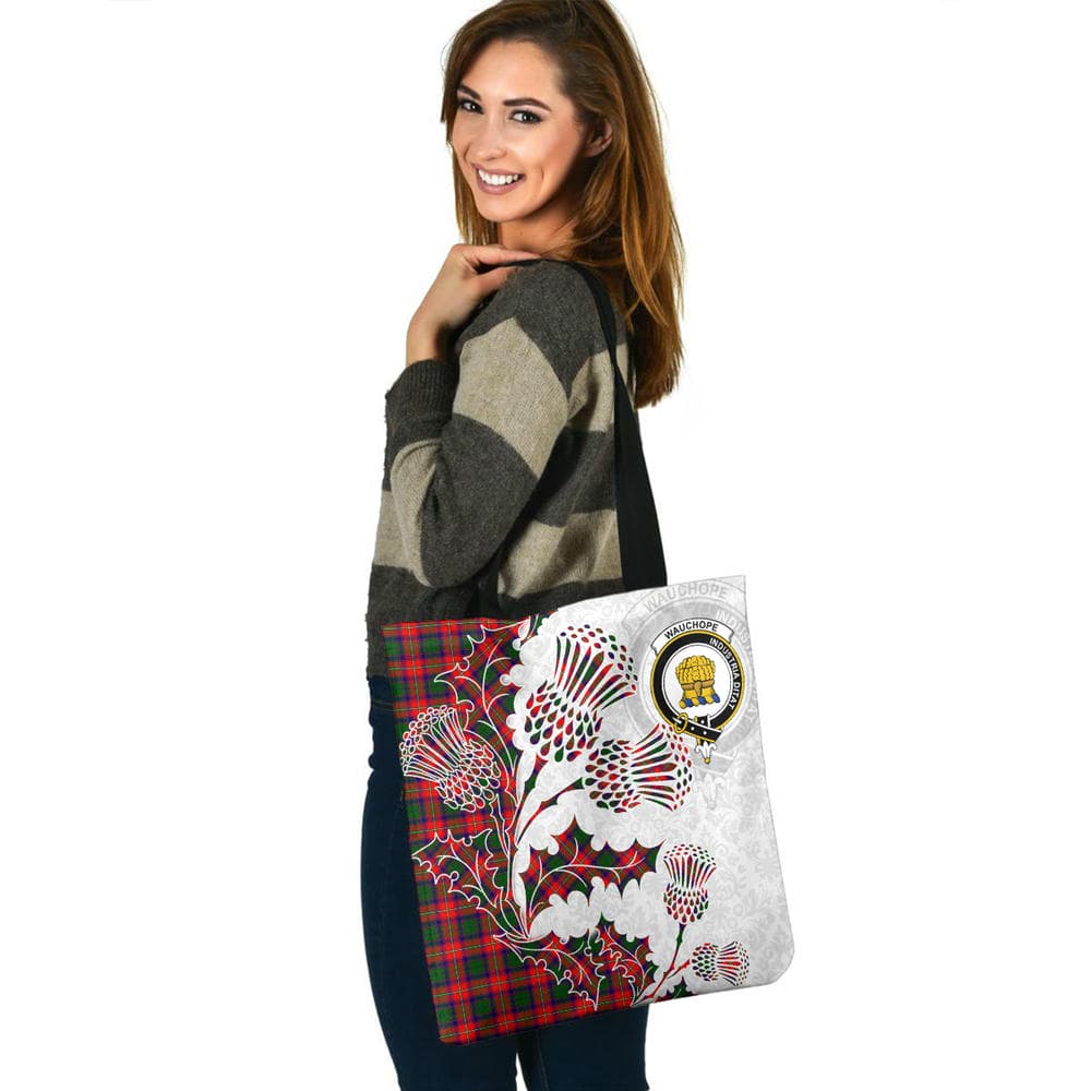 Scottish Wauchope (or Waugh) Clan Crest Tartan Tote Bag - Thistle Flowers Style - Image 3