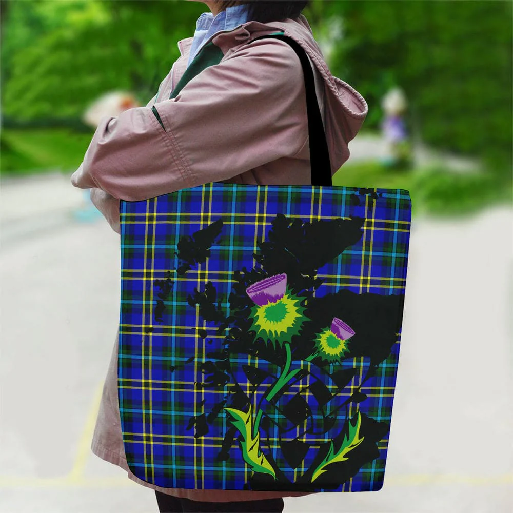 Scottish Weir Modern Tartan Canvas Bag With Shoulder Strap With Thistle - Image 2