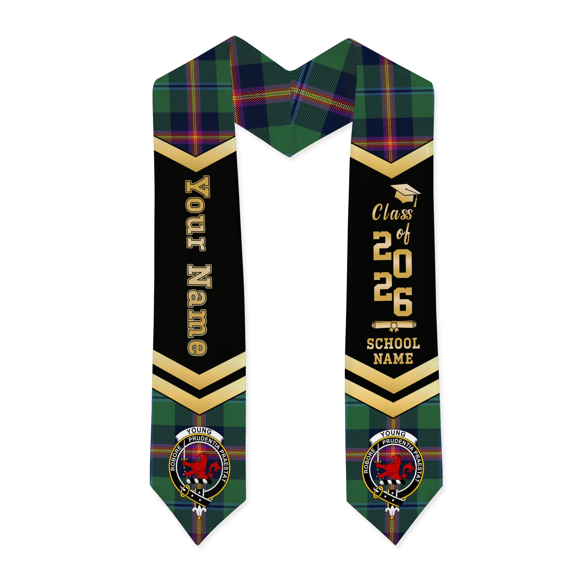 Scottish Young Modern Clan Badge Tartan Graduation Stole Black Gold Honor